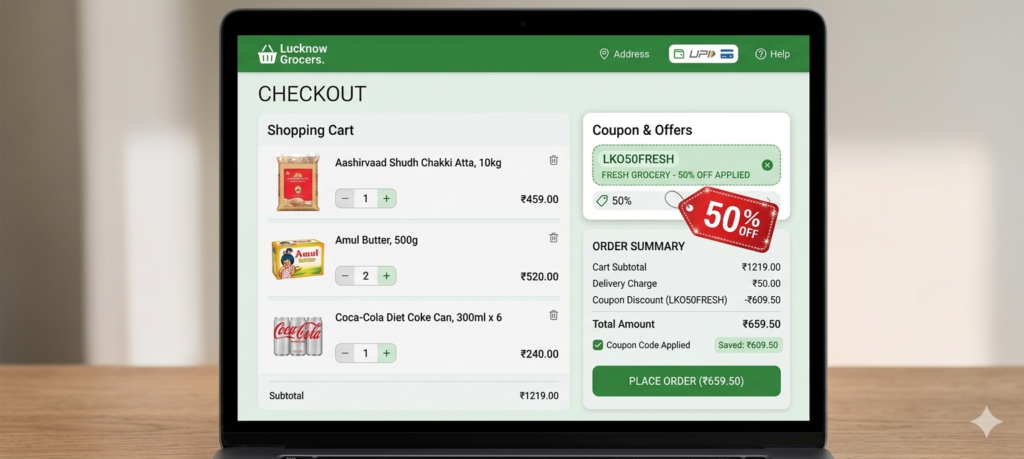Online grocery shopping checkout screen with coupon code applied, discount percentage visible, clean ecommerce interface, realistic UI